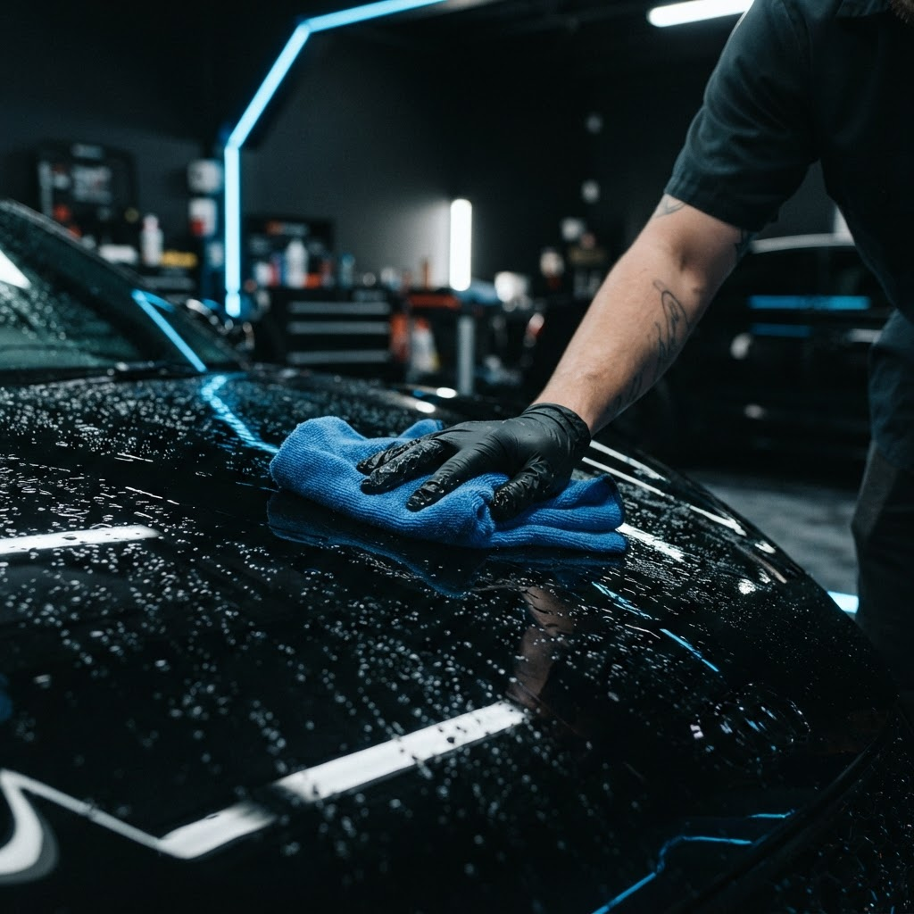 Professional detailer wiping a glossy black car with a blue microfiber cloth